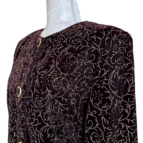 Vintage Maroon Velour Gold Glitter Jacket Women Sz Medium 90s Sparkle Christmas - Picture 11 of 16
